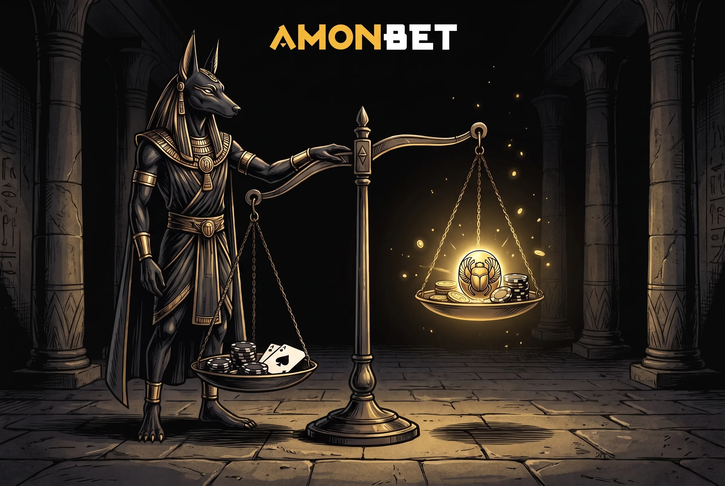 Illustration Amonbet : Anubis et une balance dorée